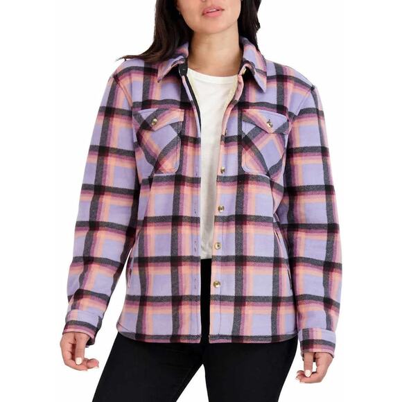 Women's Long Sleeve Plaid Super Plush Sherpa Lined Fleece Shirt Jacket - Picture 1 of 13